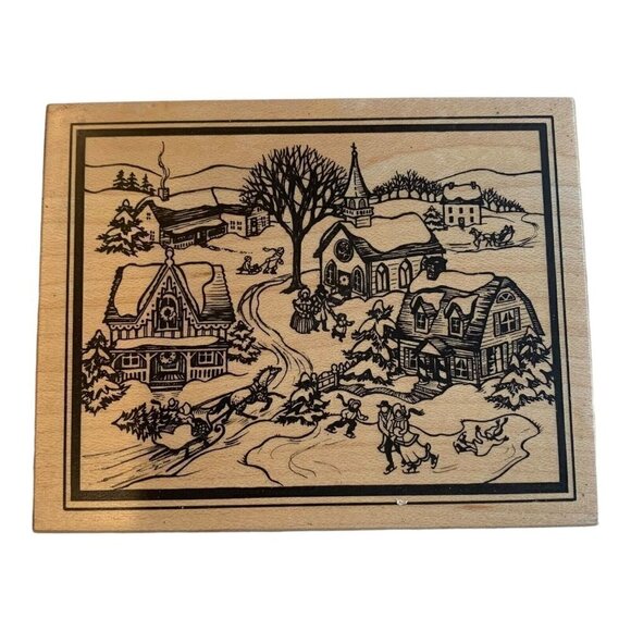 PSX Designs Wood Mounted Stamp Victorian Village Ice Skating K-2063 Snow Holiday - Picture 7 of 7